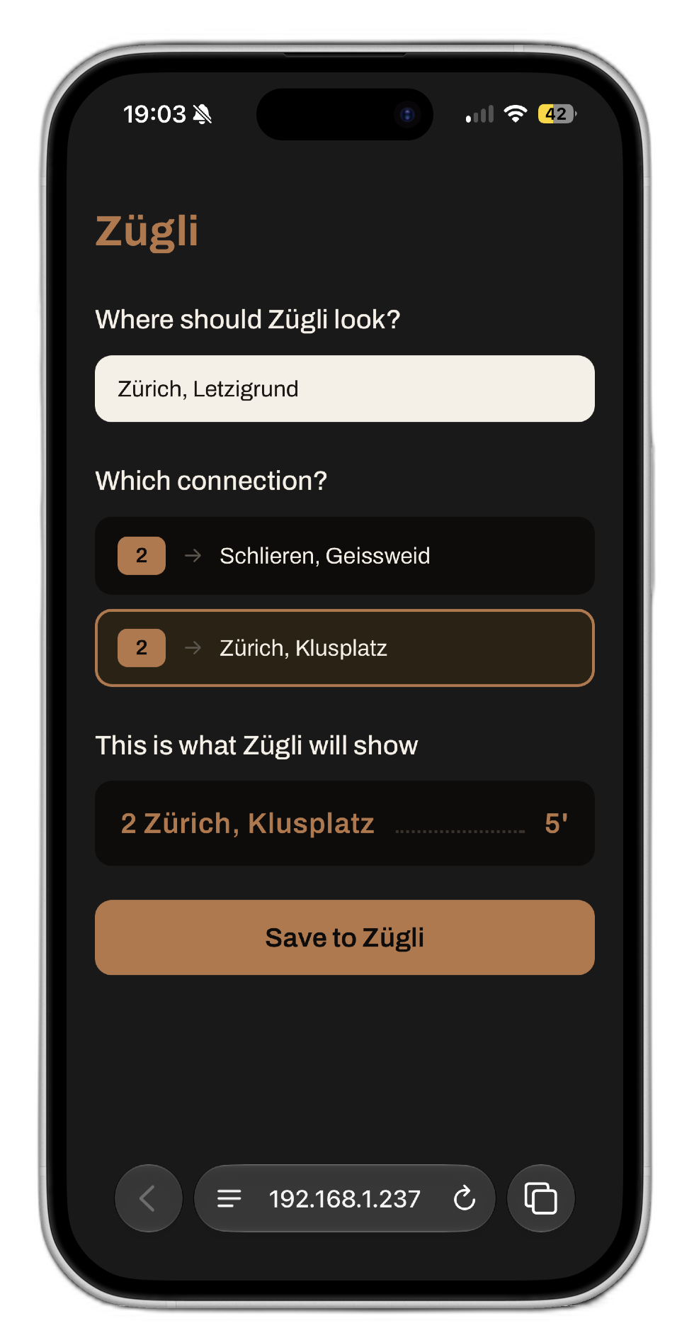 The Zügli config page open in a phone browser at zugli.local, searching for a stop and picking the connections to track.