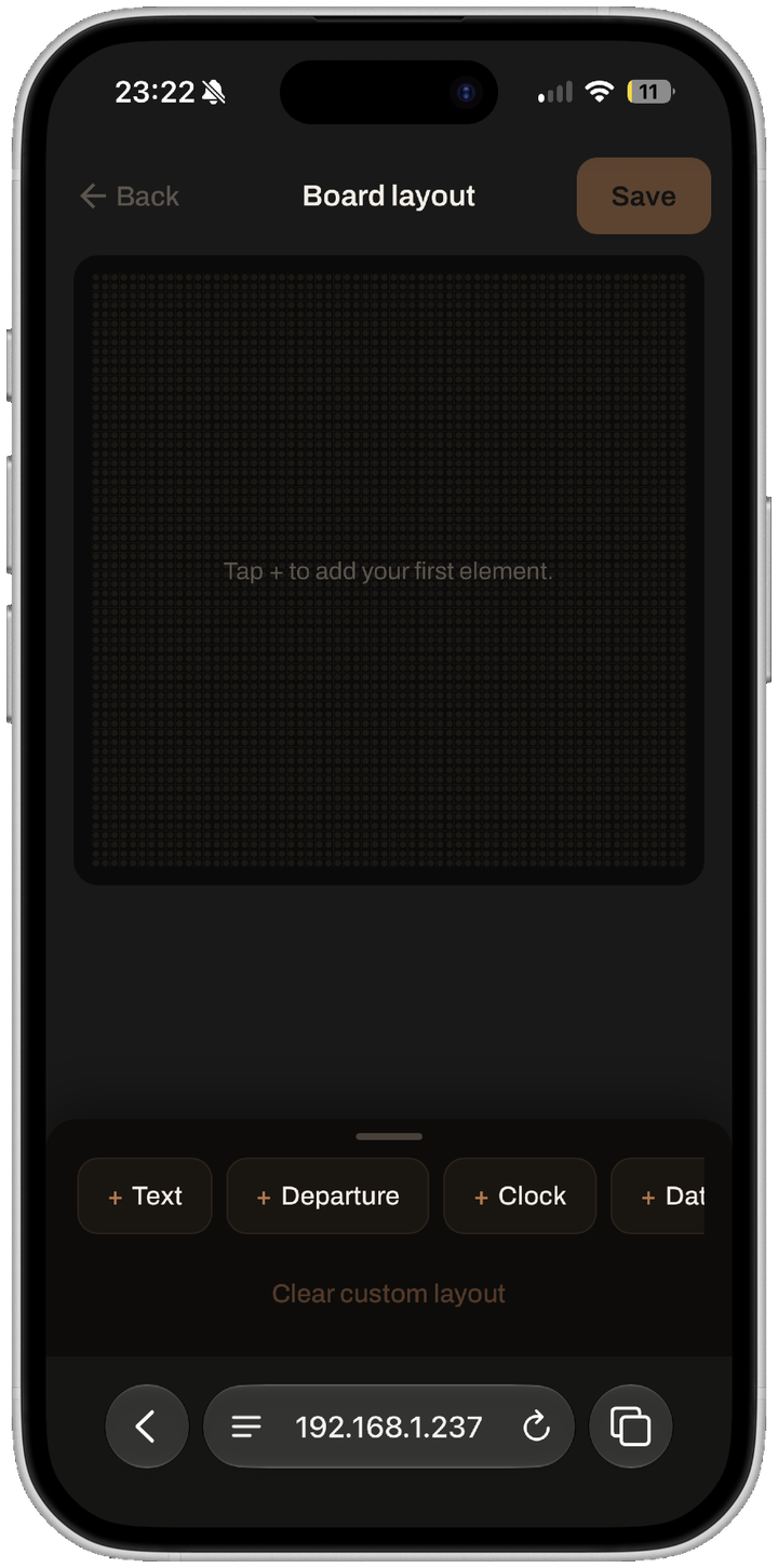 The layout builder open on a blank board, prompting to tap plus to add the first element.