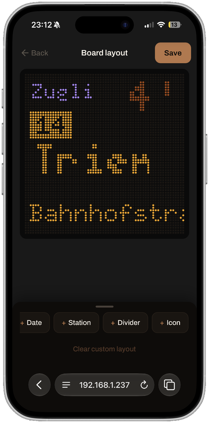 A finished custom layout showing a station name, an icon and destination text on the 64 by 64 board.